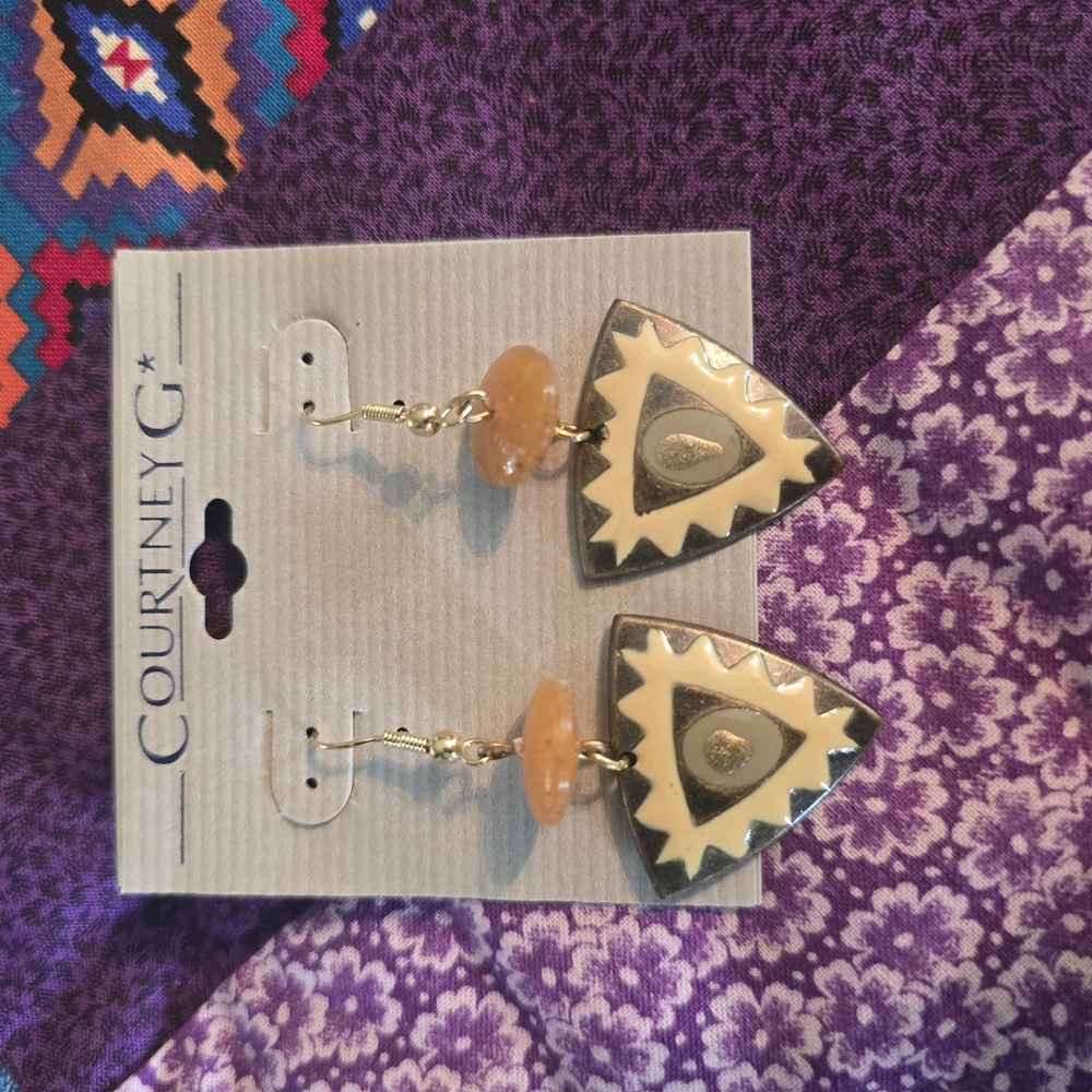 Vintage Gold and Cream Triangle Earrings